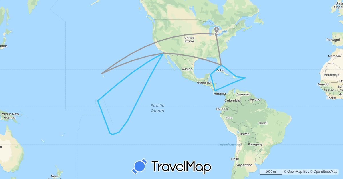 TravelMap itinerary: driving, plane, boat in Bahamas, Costa Rica, Dominican Republic, France, Kiribati, Mexico, United States, British Virgin Islands (Europe, North America, Oceania)